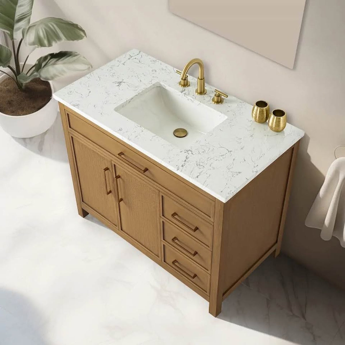 New 42” Natural Wood Bathroom Vanity with White Stone Top – New Open Box - Delivery Available