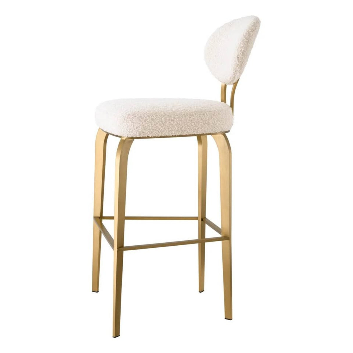 New Set of 3 Eichholtz Dorrego Bouclé Bar Stools – Cream & Brushed Brass – $7,485 Retail – Delivery