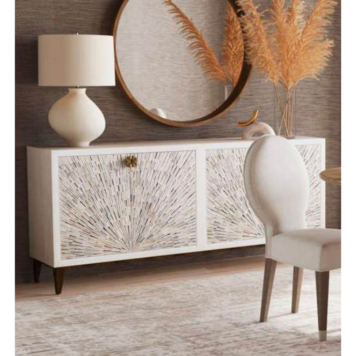 Bassett Mirror Astrid 72” Four Door Sideboard Cabinet – White Wash | New Open Box $3k Retail Deivery