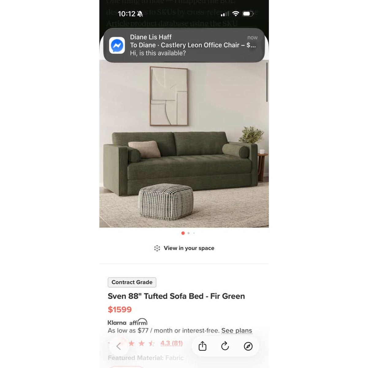 New Article Sven 88” Tufted Sofa Bed – Fir Green Open Box Retail $1599+ Delivery Available