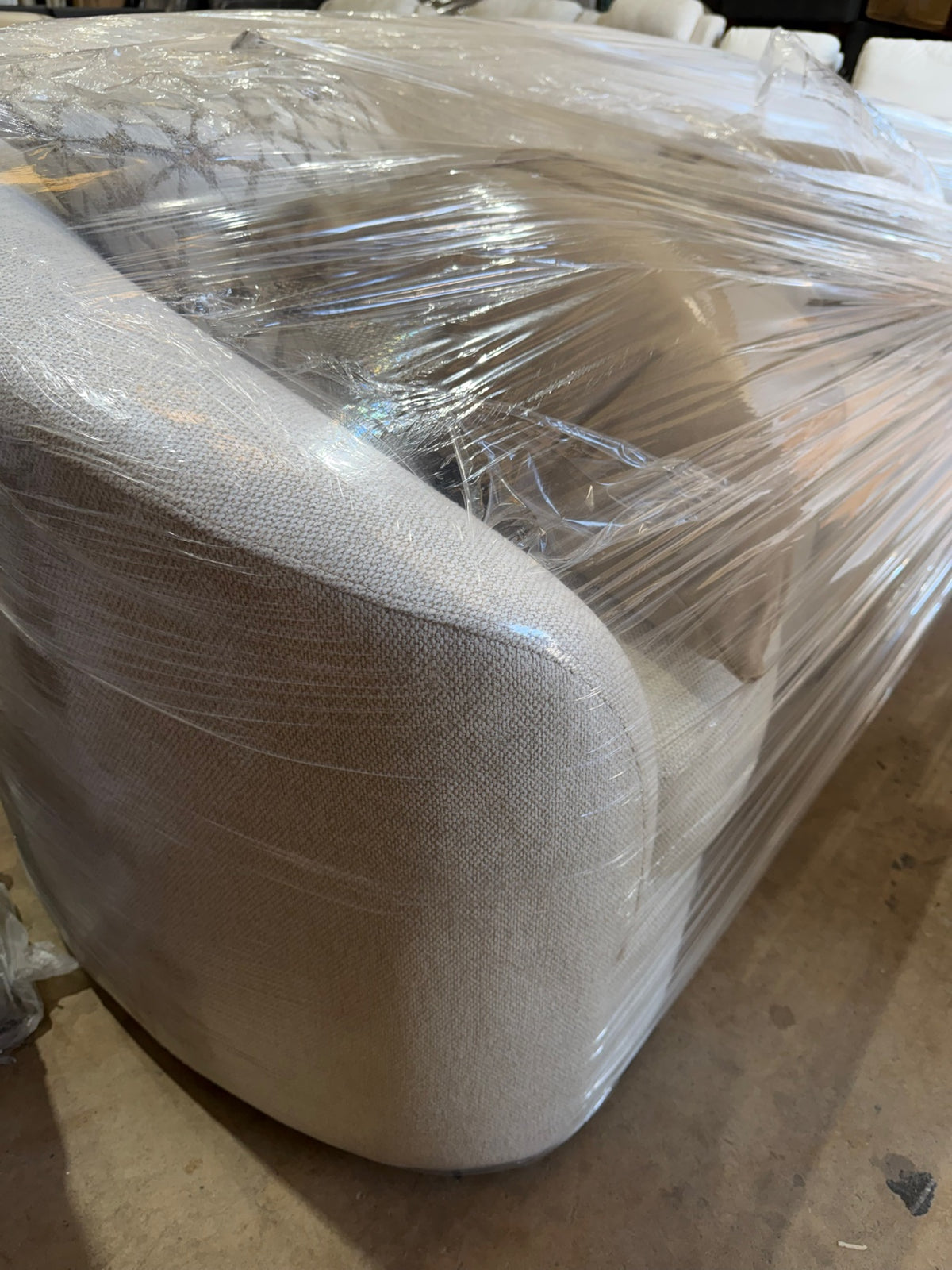 New Coaster Curved Bouclé Sofa — 88.5″ Modern Cream Sofa with Accent Pillows — Delivery Available