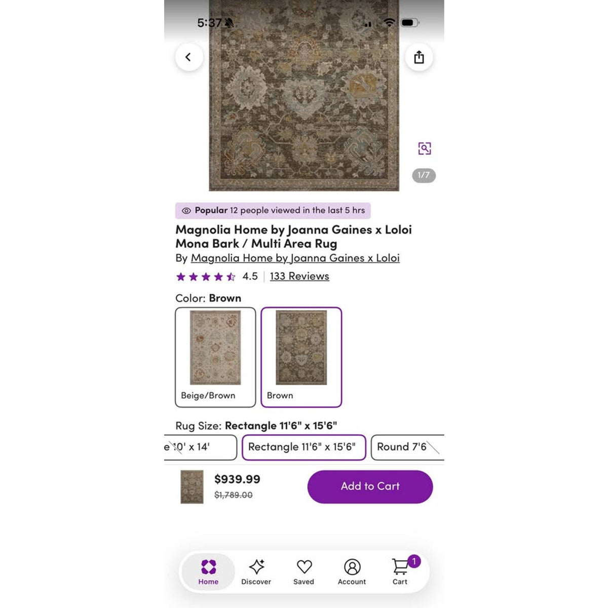 New Magnolia Home x Loloi Mona 11’6” × 15’6” Area Rug – New Open Box - Delivery Available