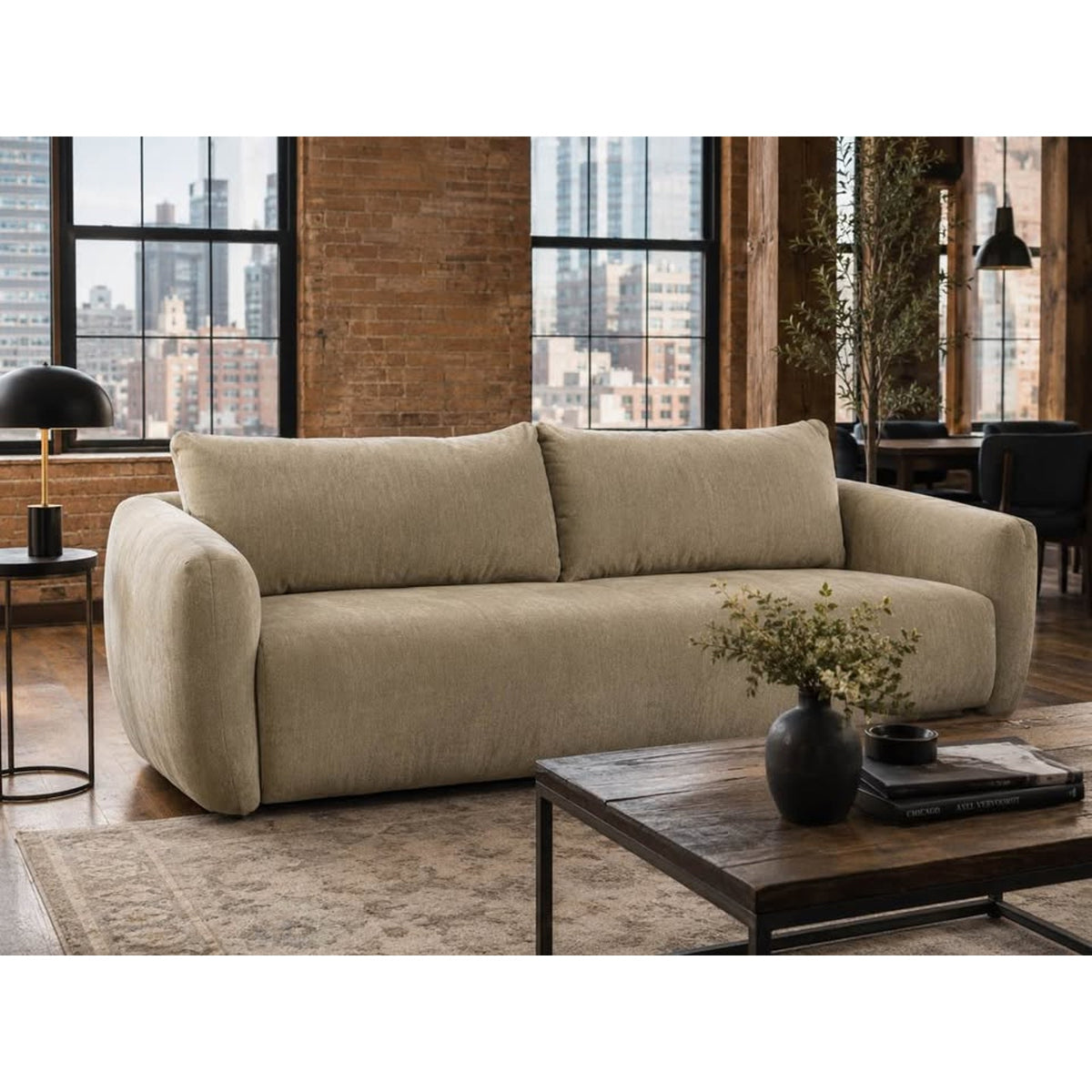 Falkon Furniture Lisette 87” Curved Designer Sofa – Moss Latte Open Box - Delivery Available
