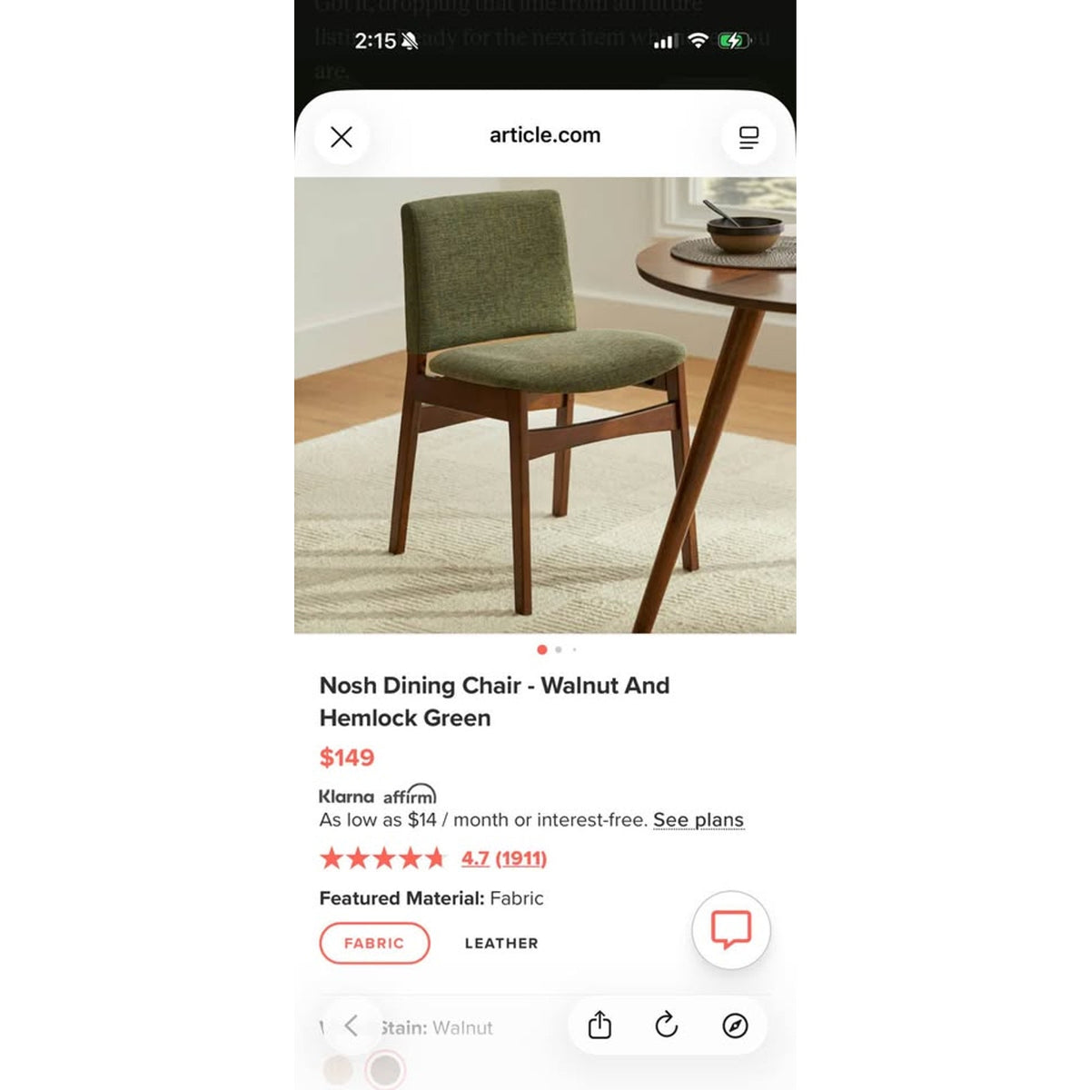 Article | Set of 2, 4, or 6 Dining Chairs | Nosh - Walnut & Hemlock Green | Delivery Available