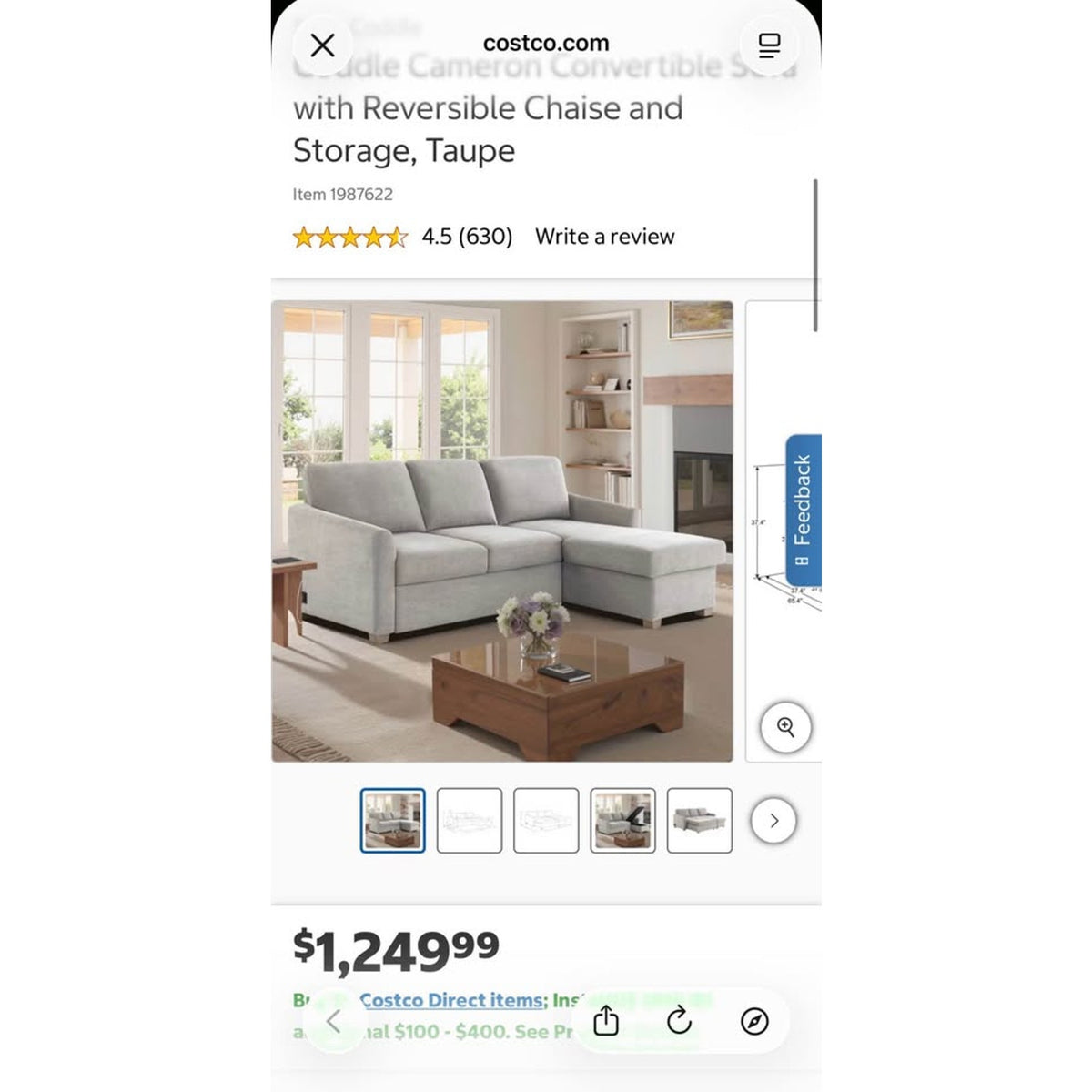 New Costco Coddle Cameron Convertible Sofa w/ Reversible Chaise & Storage – Delivery Available
