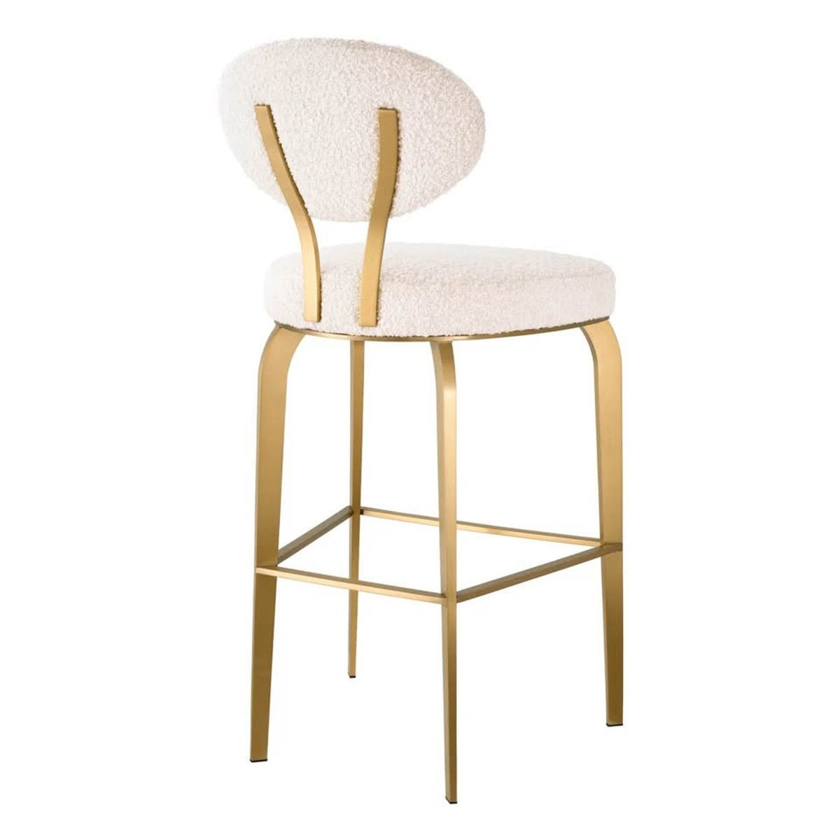 New Set of 3 Eichholtz Dorrego Bouclé Bar Stools – Cream & Brushed Brass – $7,485 Retail – Delivery