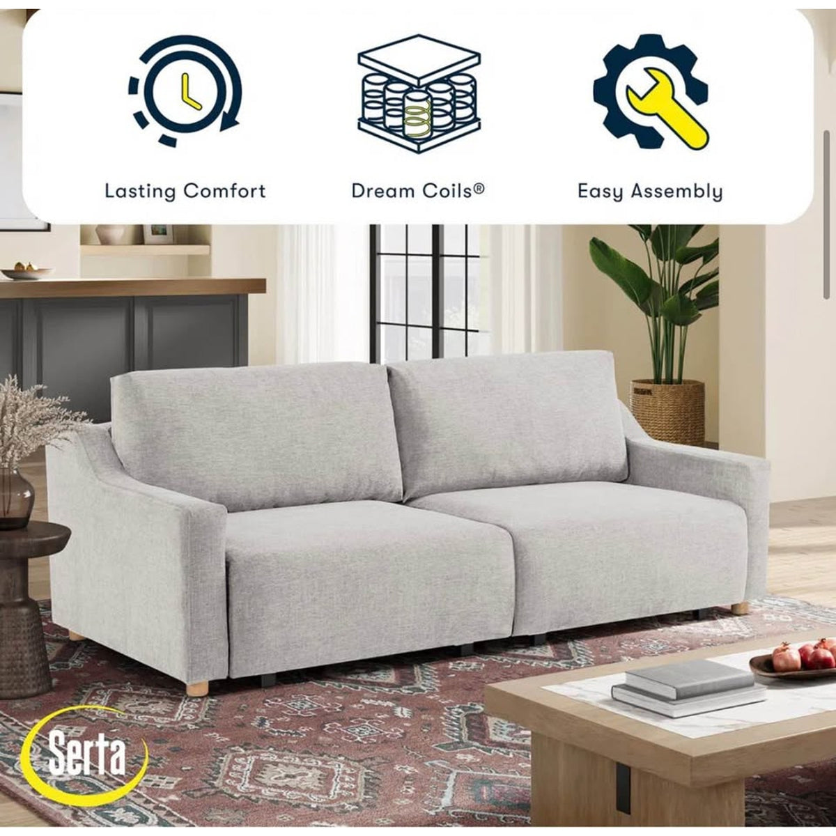 Serta Gabi Queen Sleeper Sofa – Ivory Chenille Convertible Couch 90” | Queen Bed | Delivery