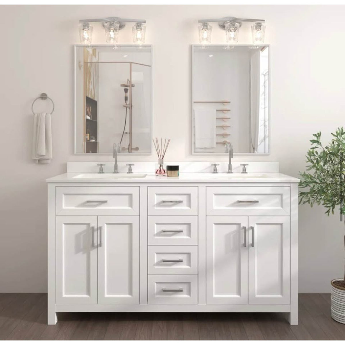 New 60” White Double Sink Bathroom Vanity with Quartz Top – New Open Box - Delivery Available