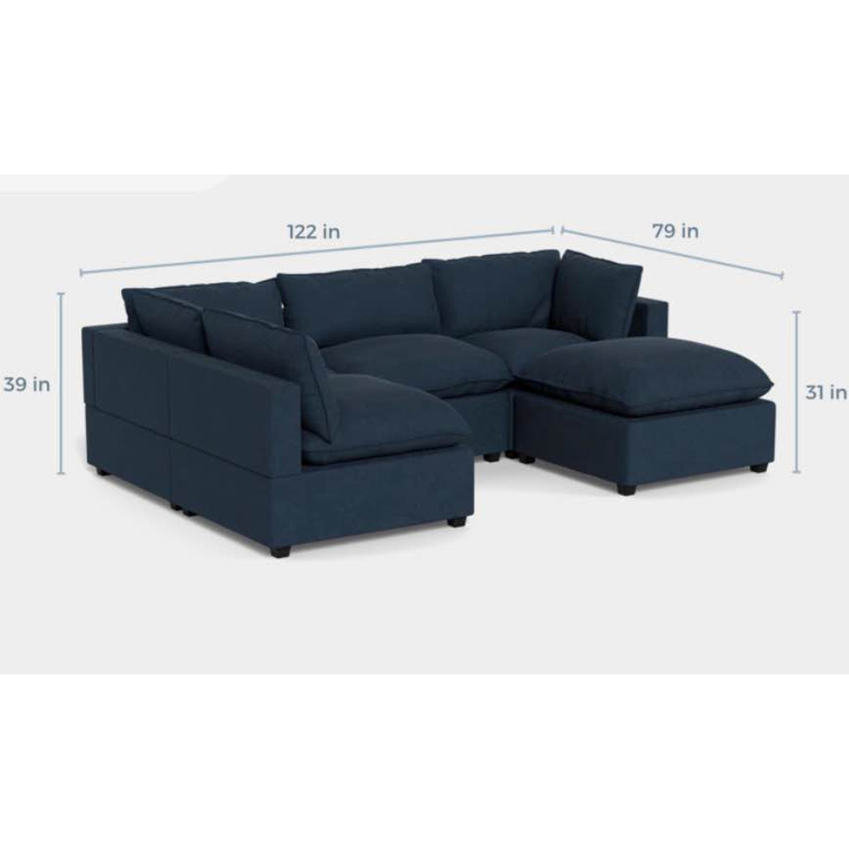 Albany Park Kova Pillow Cushion L-Shape Sectional with Ottoman | Denim Performance Brushed Canvas