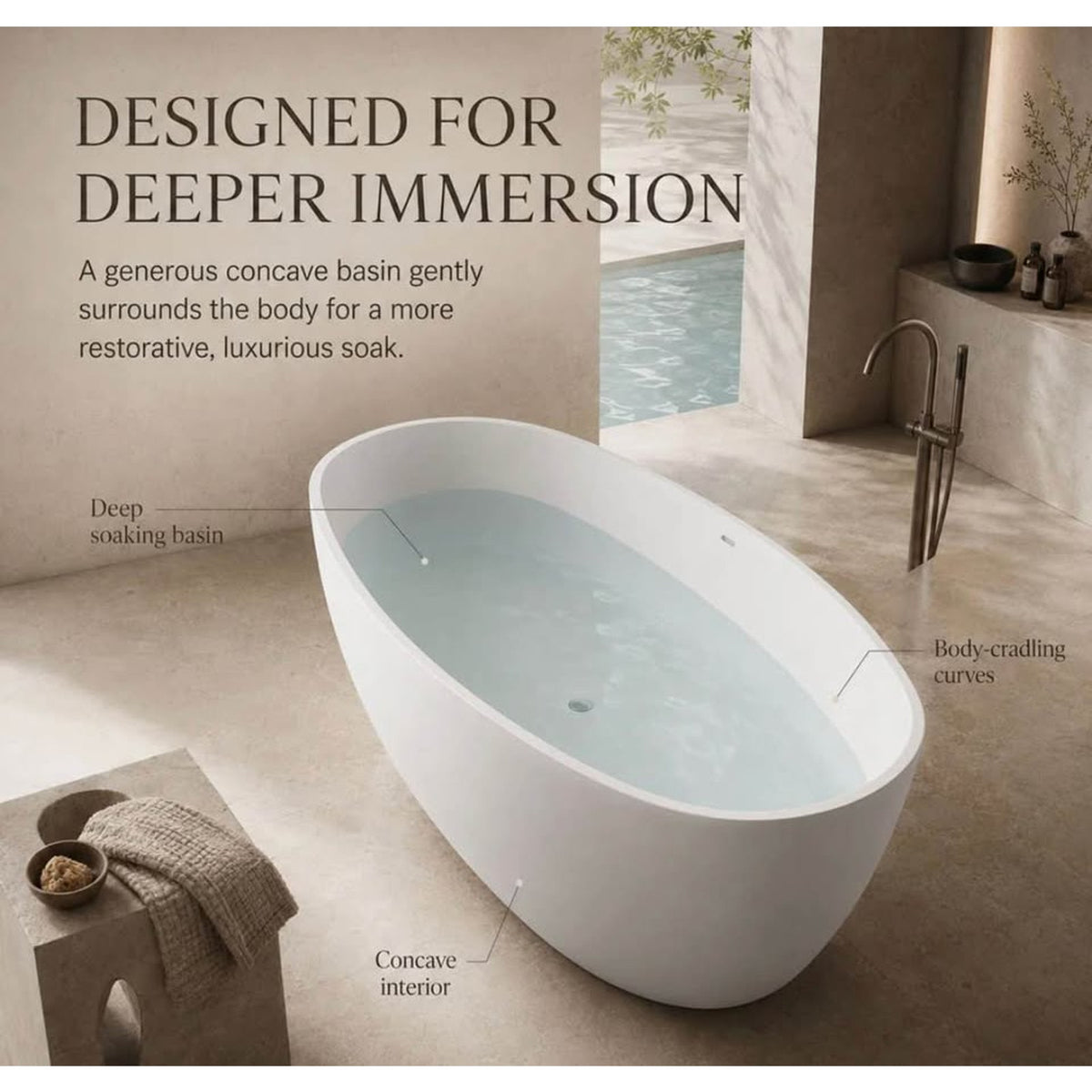 Clarke Lunar 60” Solid Surface Freestanding Soaking Tub – Retail $3,234 – Delivery Available
