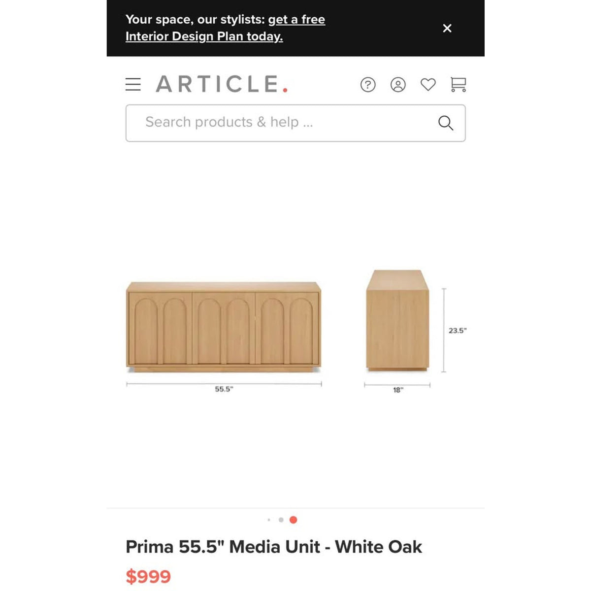 Article Prima 55.5” Media Unit – White Oak – $999 Retail – Delivery Available