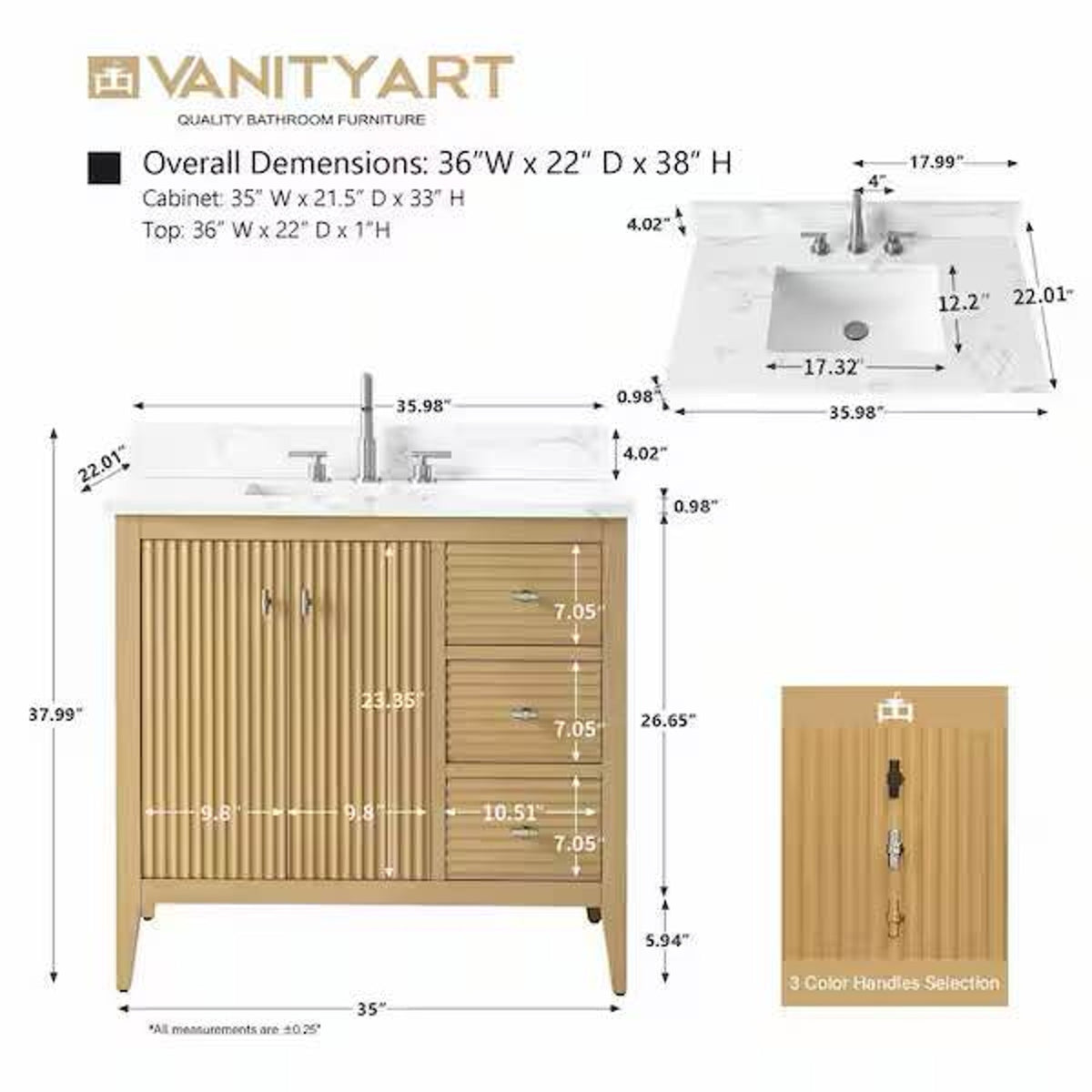 Vanity Art Laval 36” Natural Oak Bathroom Vanity with Quartz Top | Delivery Available