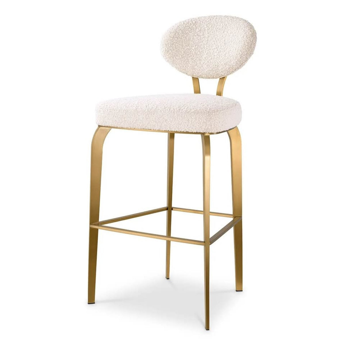 New Set of 3 Eichholtz Dorrego Bouclé Bar Stools – Cream & Brushed Brass – $7,485 Retail – Delivery