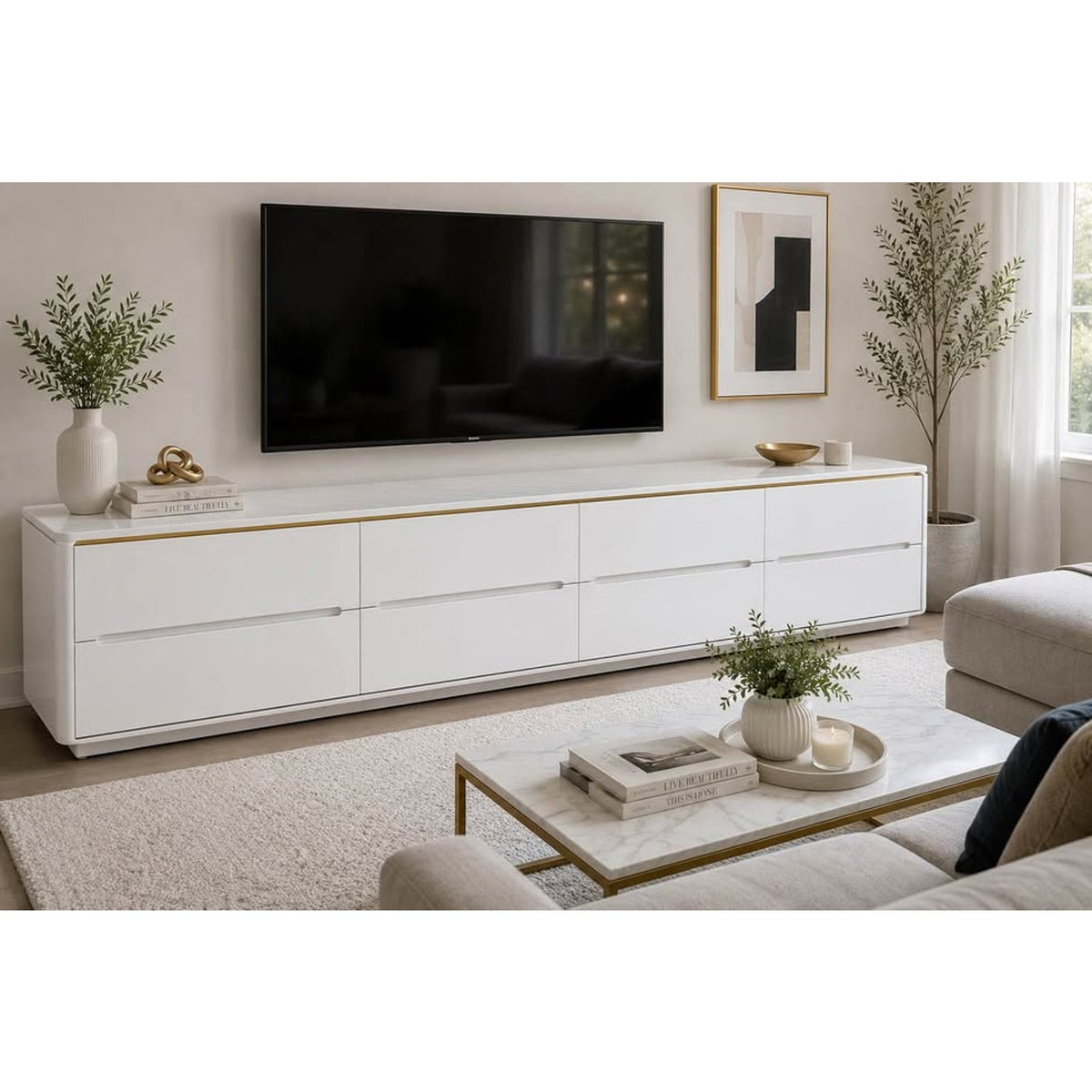 Modern 94.5” 8-Drawer Media Console / Sideboard – White Stone Top – New Open Box