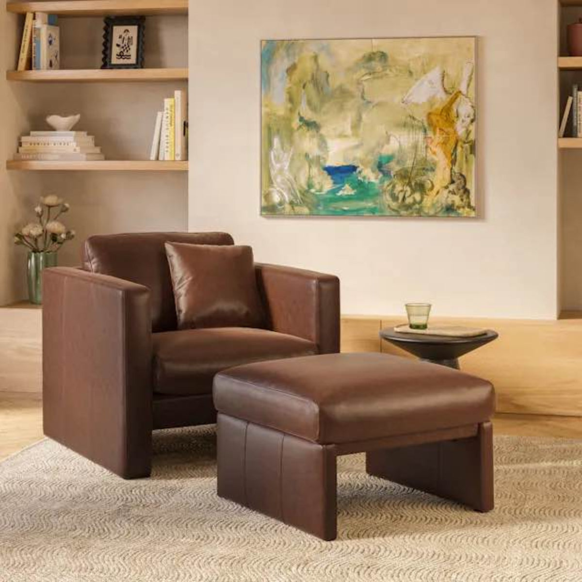 Article Roxwell Leather Lounge Chair + Ottoman – Taos Brown – $1,648 Retail – Open Box – Delivery