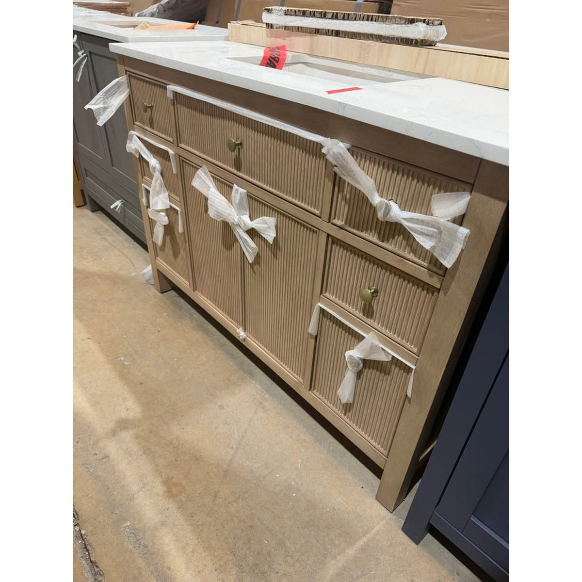 48” Natural Oak Fluted Bathroom Vanity with White Stone Top – New Open Box - Cracked Top - Delivery