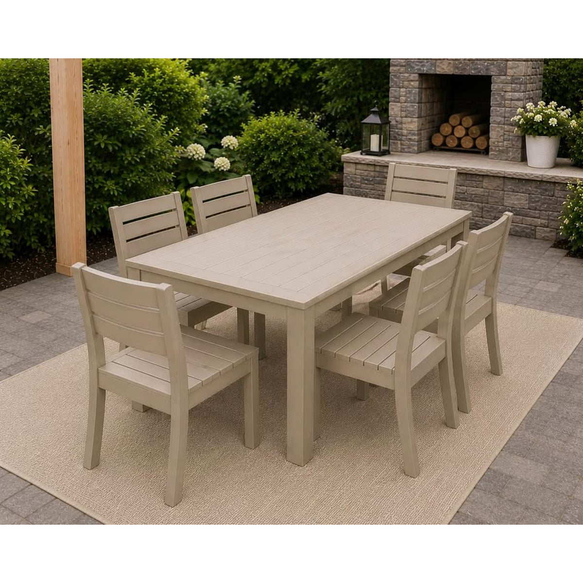 POLYWOOD Studio Parsons Outdoor Dining Set – Sand | 64” Table + 6 Matching Lakeside Chairs