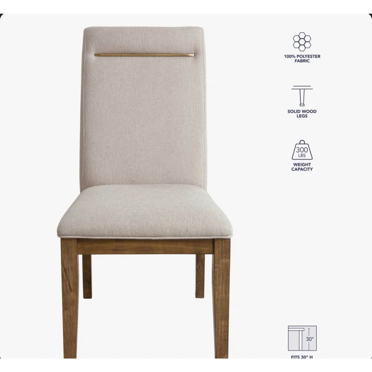 Dining Chairs (2) Beige Fabric - Toffee Wood Legs - Brass Accent - New “open box” - Delivery Avail