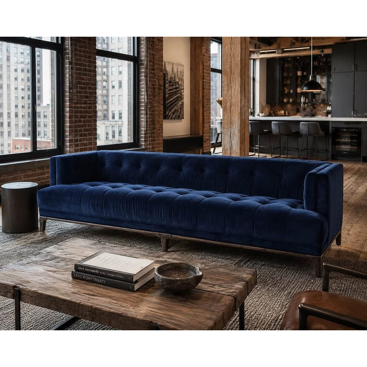 Four Hands Dylan 91” Tufted Tuxedo Sofa in Sapphire Navy Velvet – $2099 Retail - Delivery Available