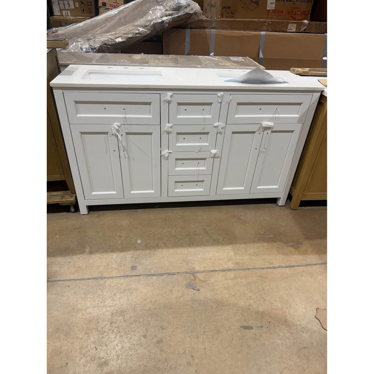 New 60” White Double Sink Bathroom Vanity with Quartz Top – New Open Box - Delivery Available
