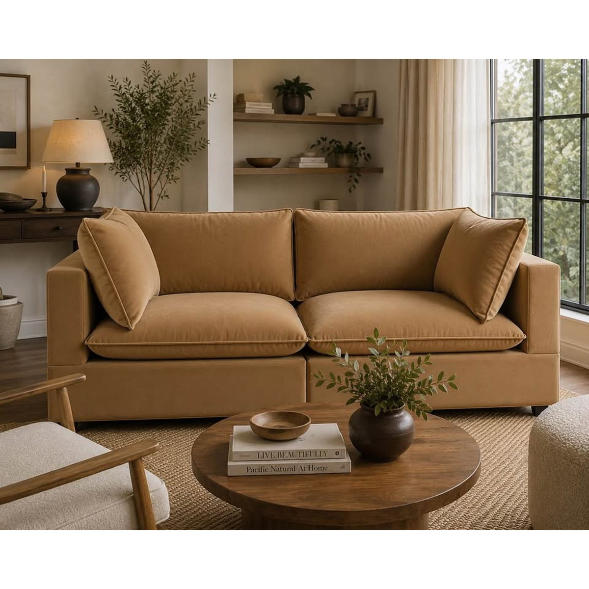 Albany Park Kova Pillow Cushion Sofa | Camel Performance Velvet | 86” - Delivery Available