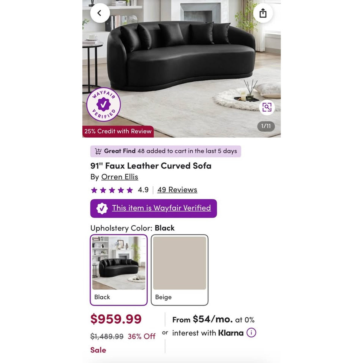 New 91” Curved Faux Leather Sofa – Dark Gray – $1,499 Retail – Delivery Available