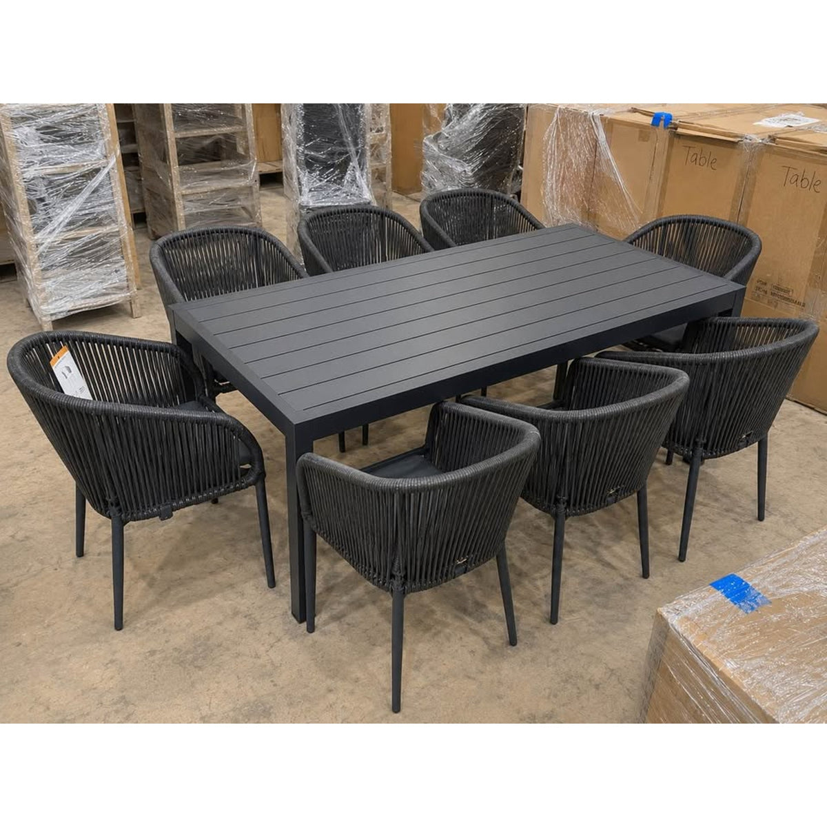 New 9-Piece Outdoor Dining Set – Aluminum Slat Table w/ Extension + 8 Rope Dining Chairs – Gray