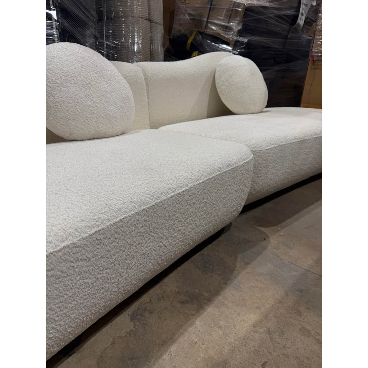 New 112” Curved Bouclé Sofa - White Cream Fabric – $1,400 Retail – Open Box – Delivery Available