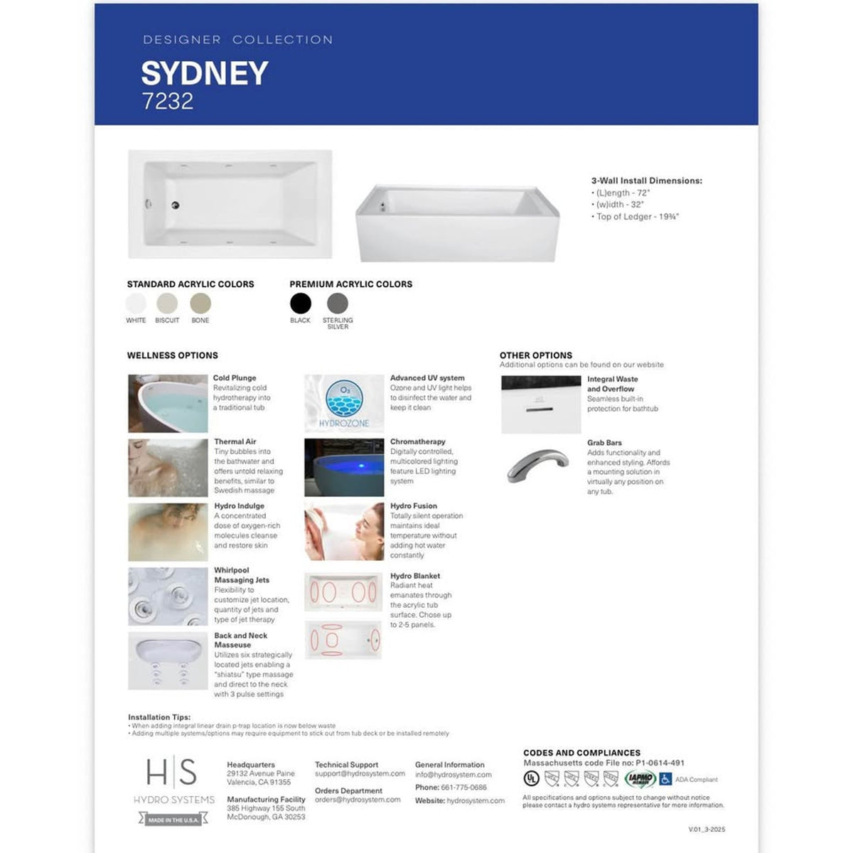 New Soaking Bathtub Hydro Systems Sydney 72” Alcove - $2,605 Retail – Delivery Availablee