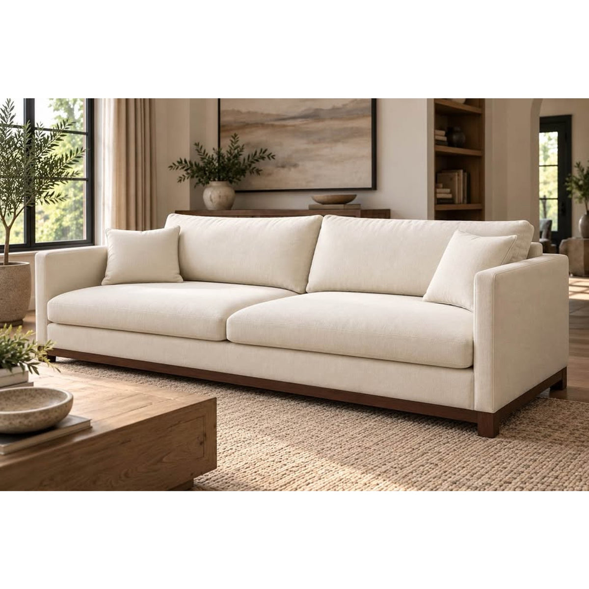 New Extra-Deep Cream Sofa with Walnut Wood Base – Delivery Available