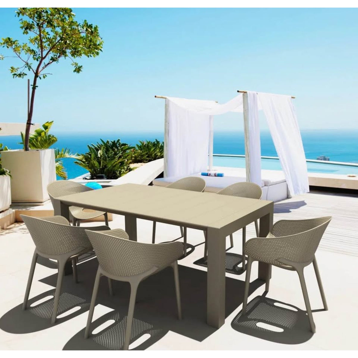 Allmodern Outdoor Patio Set 7pcs - Taupe/Sand Color - 6 Stackable Chairs - $1600 Retail - Delivery