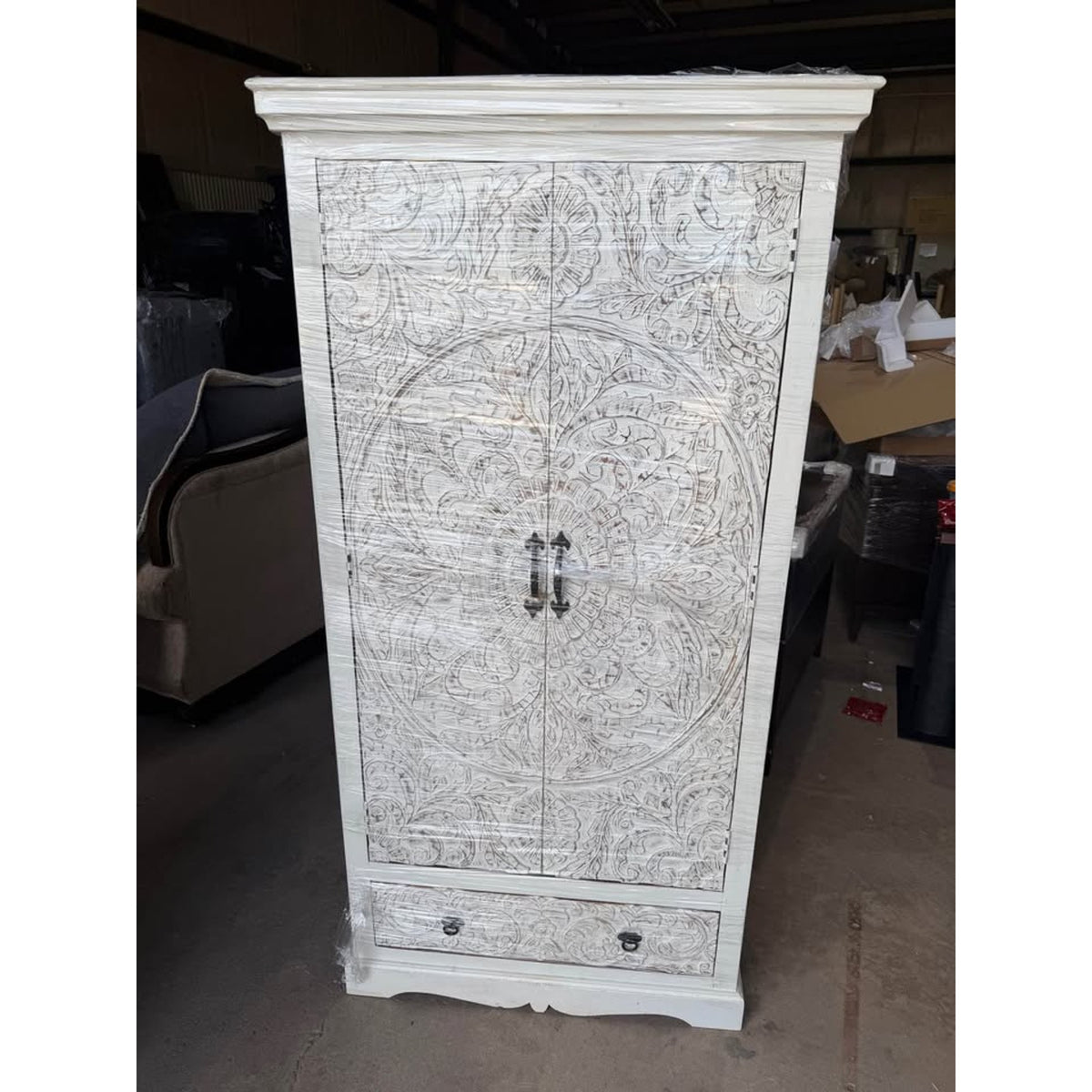 White Washed Carved Solid Wood Armoire Cabinet - Open Box - $1,600 Retail - Delivery Available