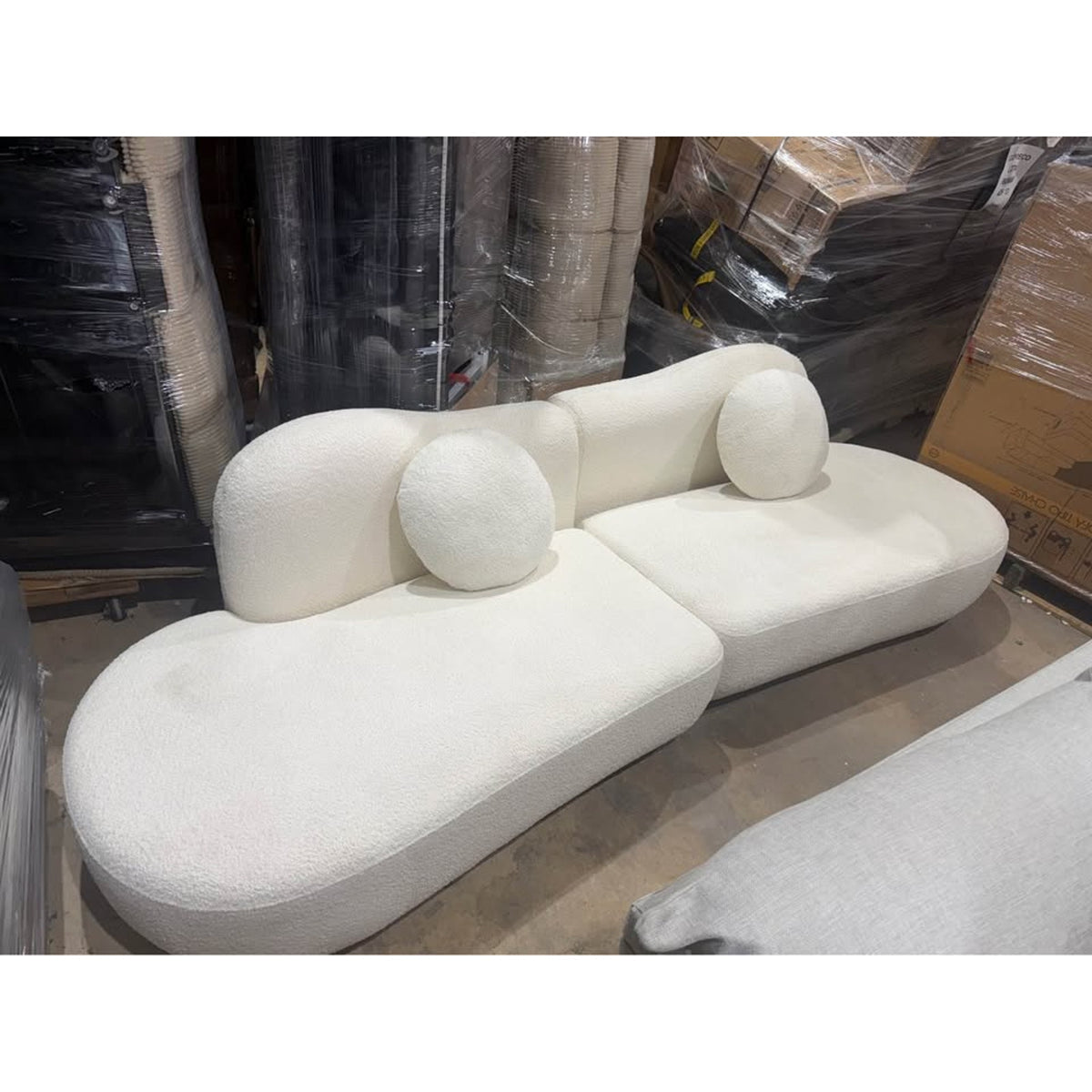 New 112” Curved Bouclé Sofa - White Cream Fabric – $1,400 Retail – Open Box – Delivery Available