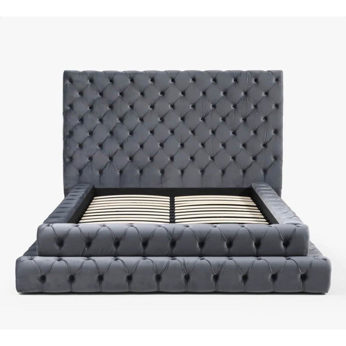 New Queen Bed Tufted Gray Velvet $3,000 Retail “open box” (3 large boxes) Delivery Available