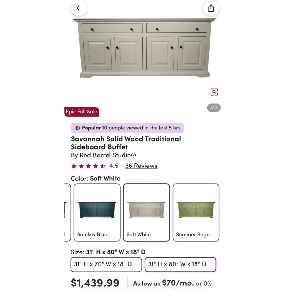 80” Solid Wood Sideboard Buffet – $1,305 Retail – Delivery Available