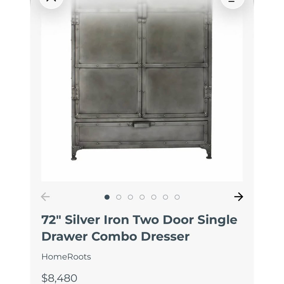 72” Industrial Silver Iron Wardrobe Cabinet / Dresser | Retail $5,705 | Delivery Available!