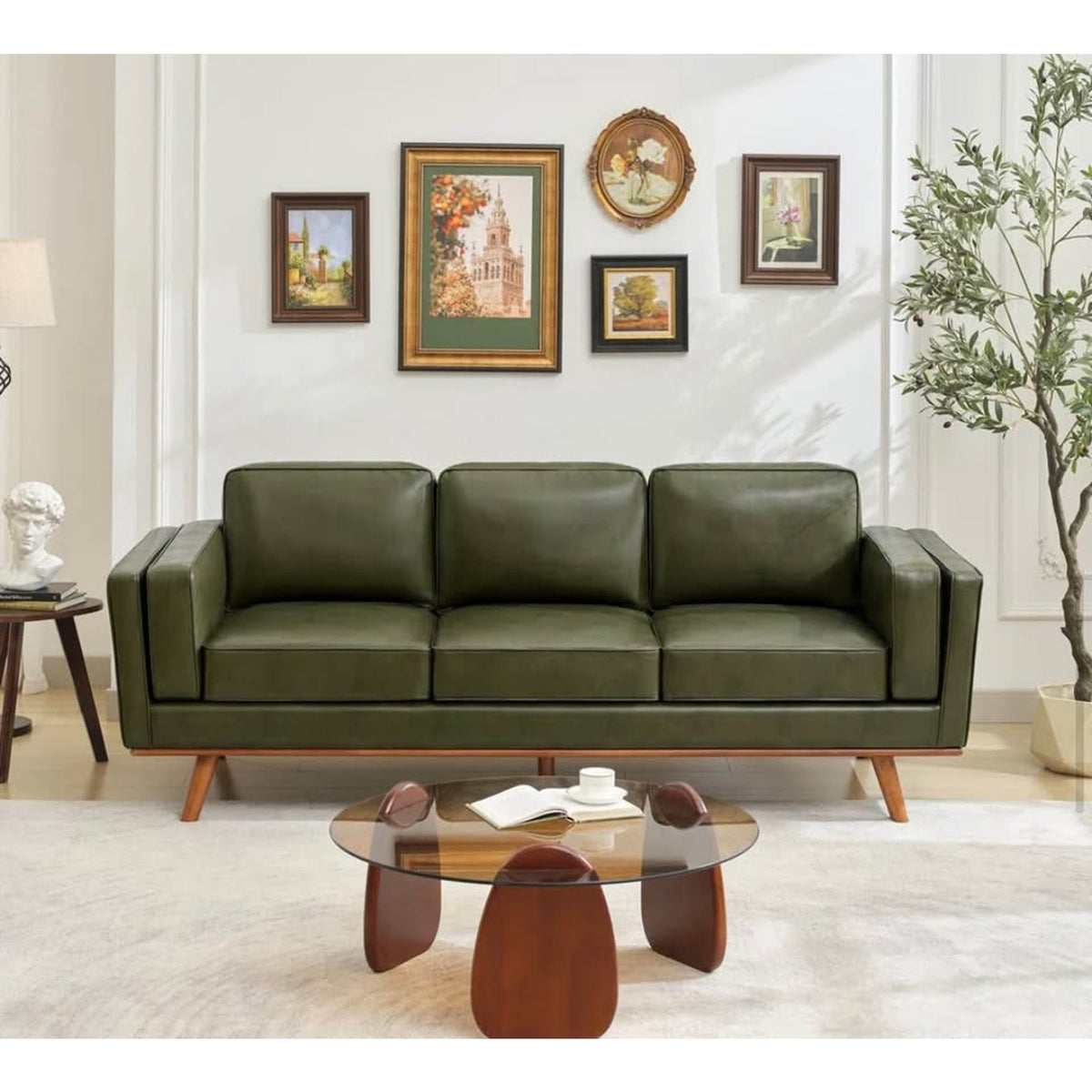 New 84” Vegan Leather Sofa – Olive Green - George Oliver Reeves - MCM - Delivery Available