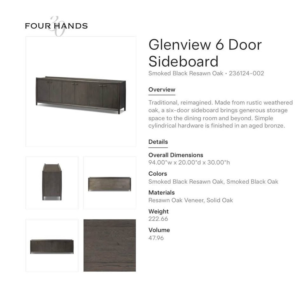 Four Hands Glenview 94” 6-Door Sideboard – Smoked Black – Retail $2,899 – Delivery Available
