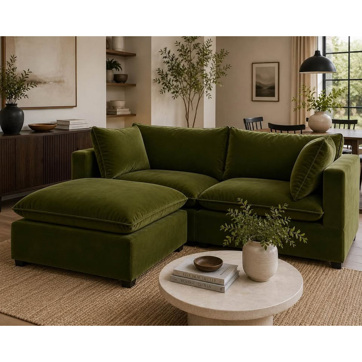Albany Park Kova Pillow Cushion Sofa + Ottoman | Olive Performance Velvet | 86” Delivery Available
