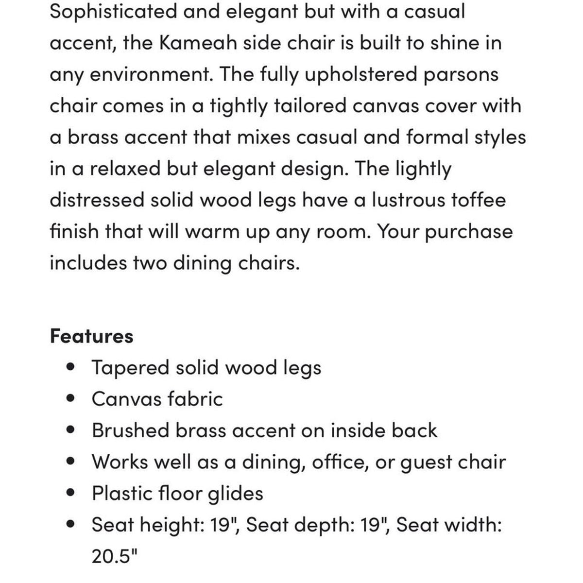 Dining Chairs (2) Beige Fabric - Toffee Wood Legs - Brass Accent - New “open box” - Delivery Avail