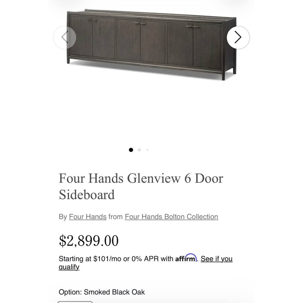 Four Hands Glenview 94” 6-Door Sideboard – Smoked Black – Retail $2,899 – Delivery Available