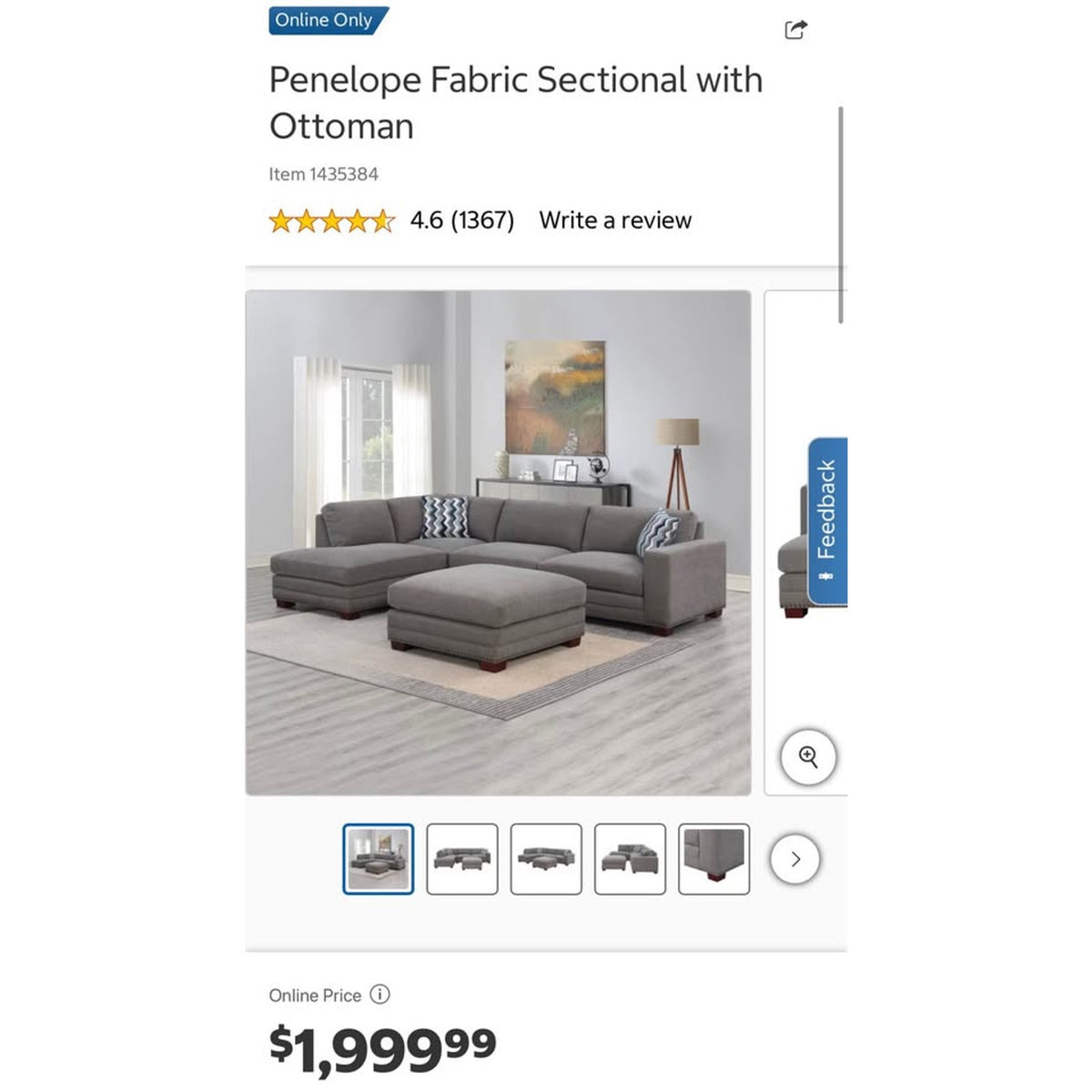 New open-box Costco Penelope Fabric Sectional with Ottoman in Gray - Delivery Available