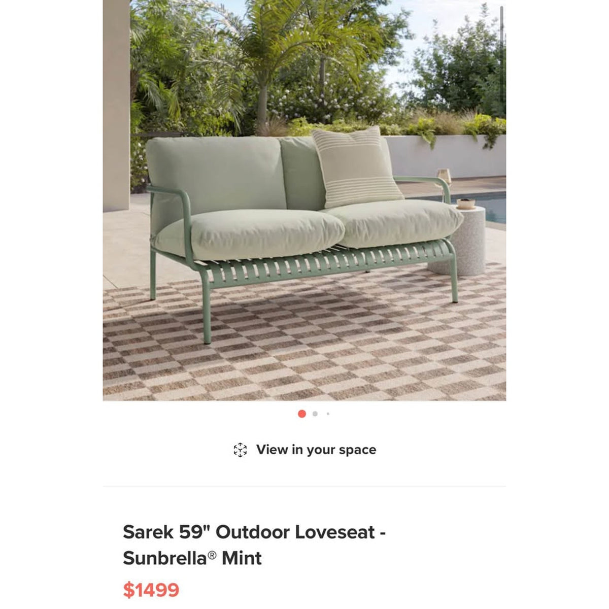 Article Sarek 59” Outdoor Loveseat – Sunbrella Mint – $1,499 Retail – Open Box – Delivery Avail