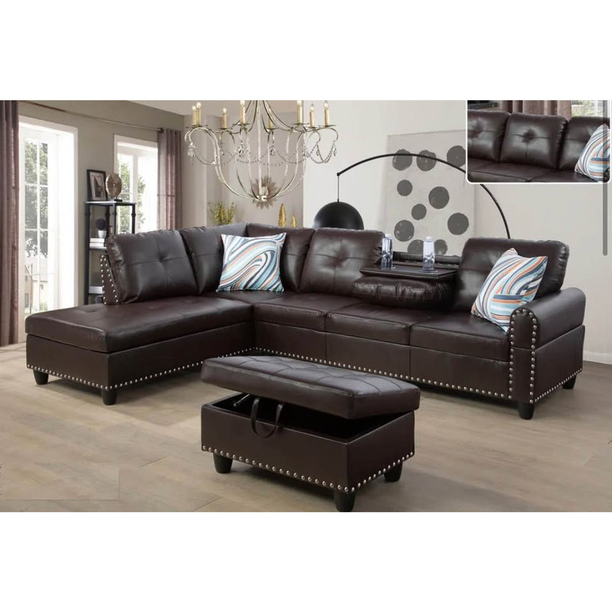 New L-Shaped Faux Leather Sectional with Ottoman – New Open Box $900 Retail - Delivery Available