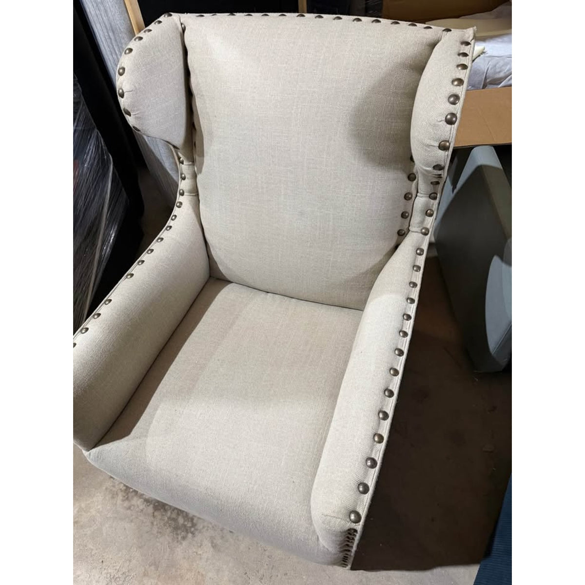 Rustic Modern Wingback Accent Chair | Natural Wood & Oatmeal Fabric - Delivery Available