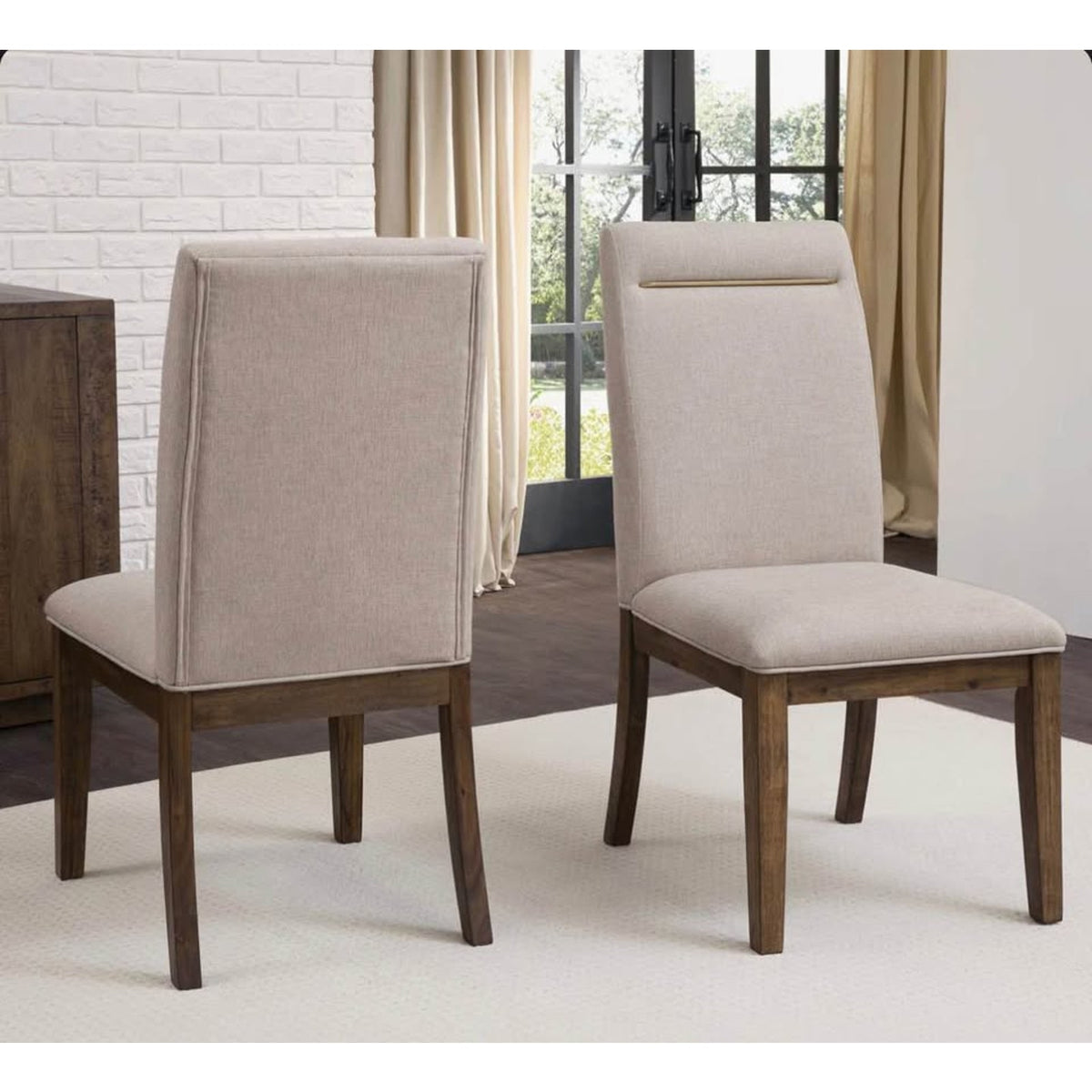 Dining Chairs (2) Beige Fabric - Toffee Wood Legs - Brass Accent - New “open box” - Delivery Avail