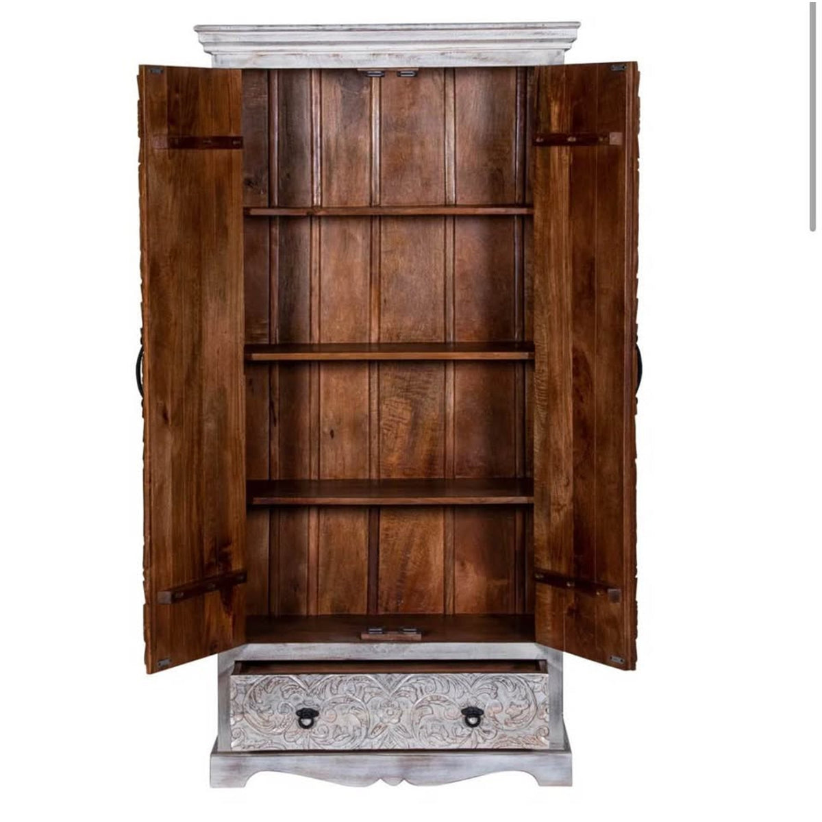 White Washed Carved Solid Wood Armoire Cabinet - Open Box - $1,600 Retail - Delivery Available