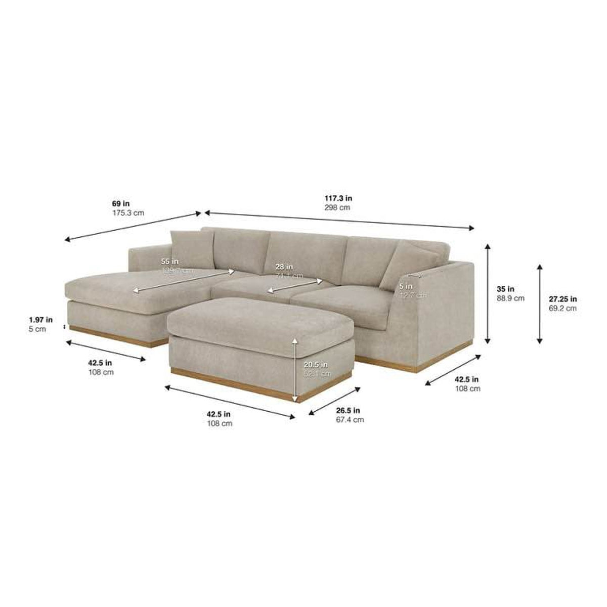 Henredon Caley 4-Piece Reversible Sofa Chaise w/ Ottoman – Beige | $1,699 Retail | Delivery Avail