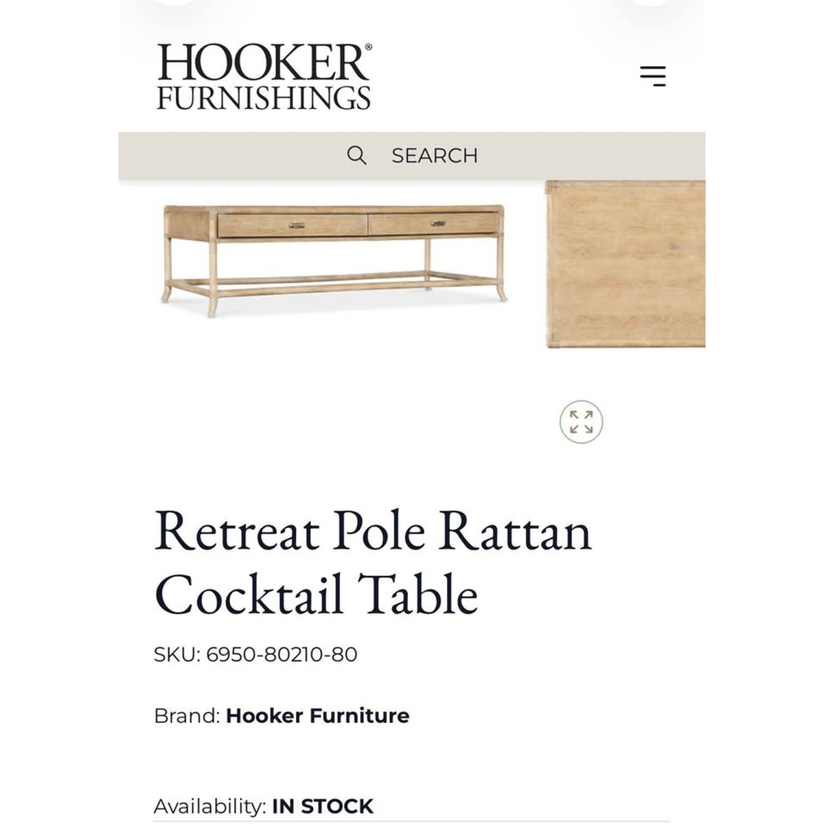 New Hooker Furniture Retreat 59” Pole Rattan Coffee Table – New Open Box