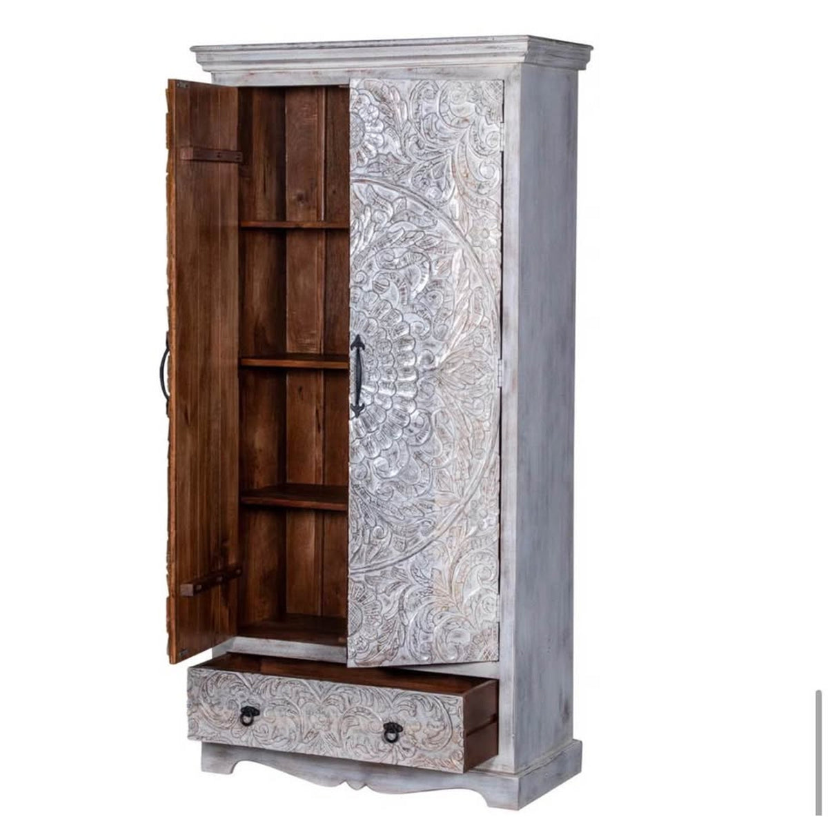White Washed Carved Solid Wood Armoire Cabinet - Open Box - $1,600 Retail - Delivery Available